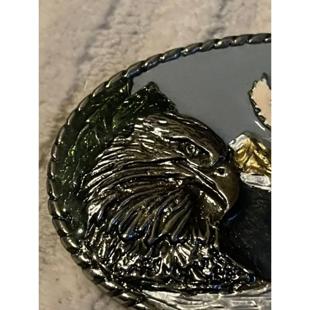 Vintage 1989 Intricate American Bald Eagle Belt Buckle Colorful Made in USA